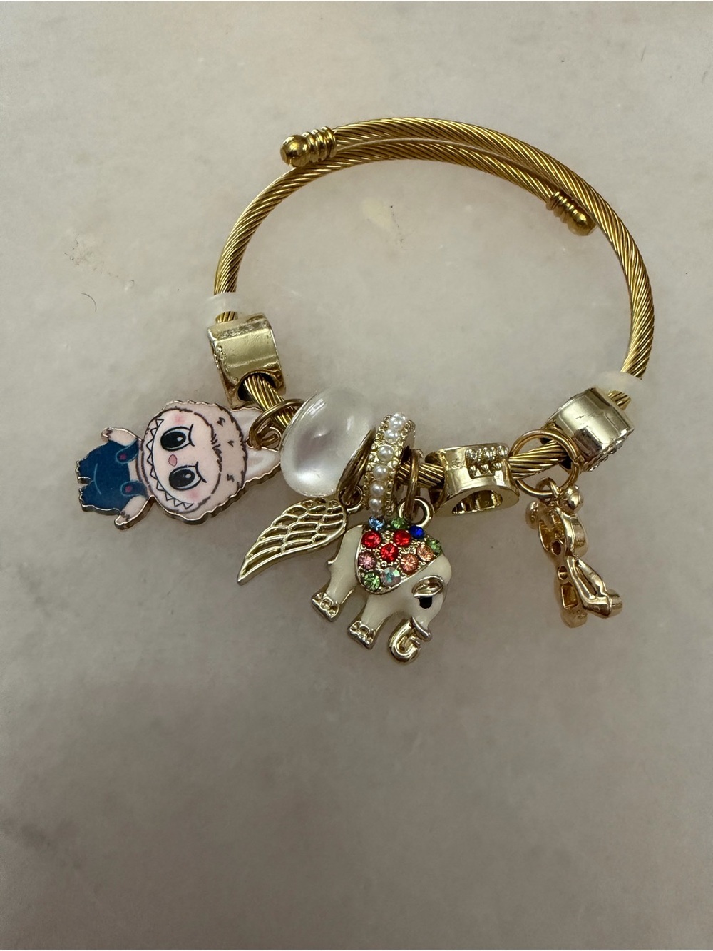 Gold Charm Bracelet with Colorful Elephant and Wing Charms